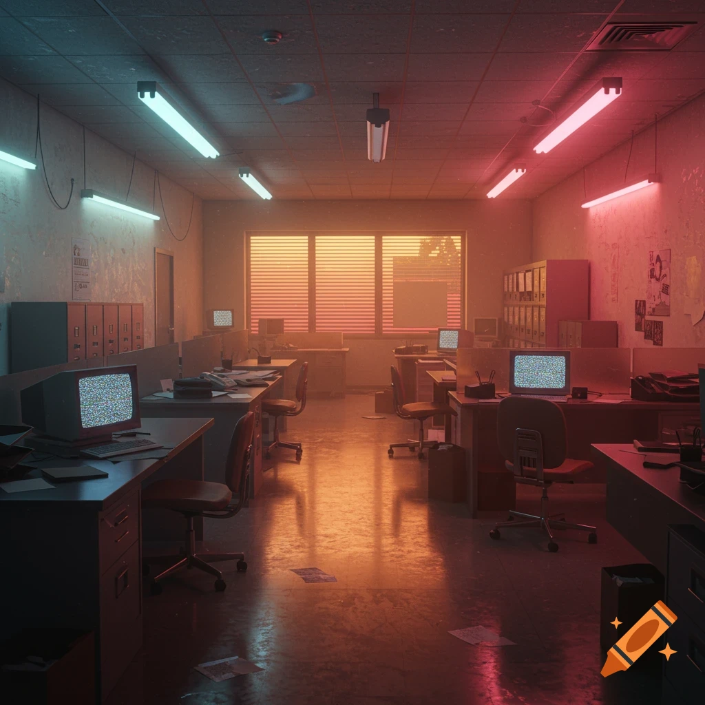 An empty 90s office with desks, computers, and filing cabinets, lit by blue and red neon lights and a sunset glow.