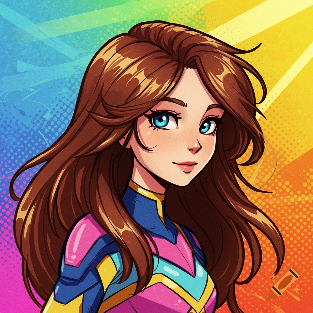 Young girl in colorful comic book superhero costume against a rainbow background.