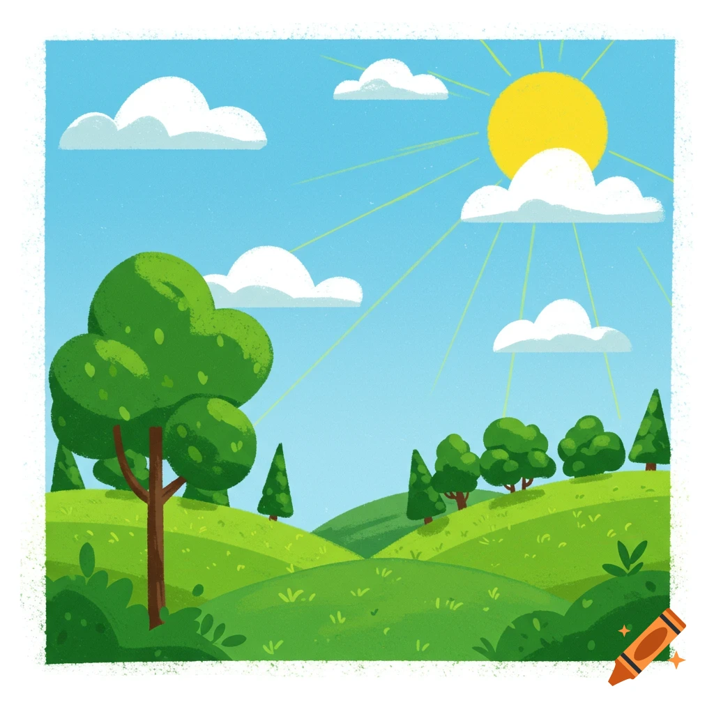 Simple image of a sunny green landscape with rolling hills and trees.