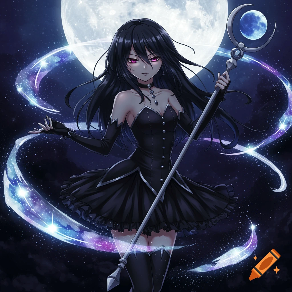 Anime style illustration of a dark magical girl in a black dress holding a staff, with cosmic swirls, against a starry night sky and full moon.