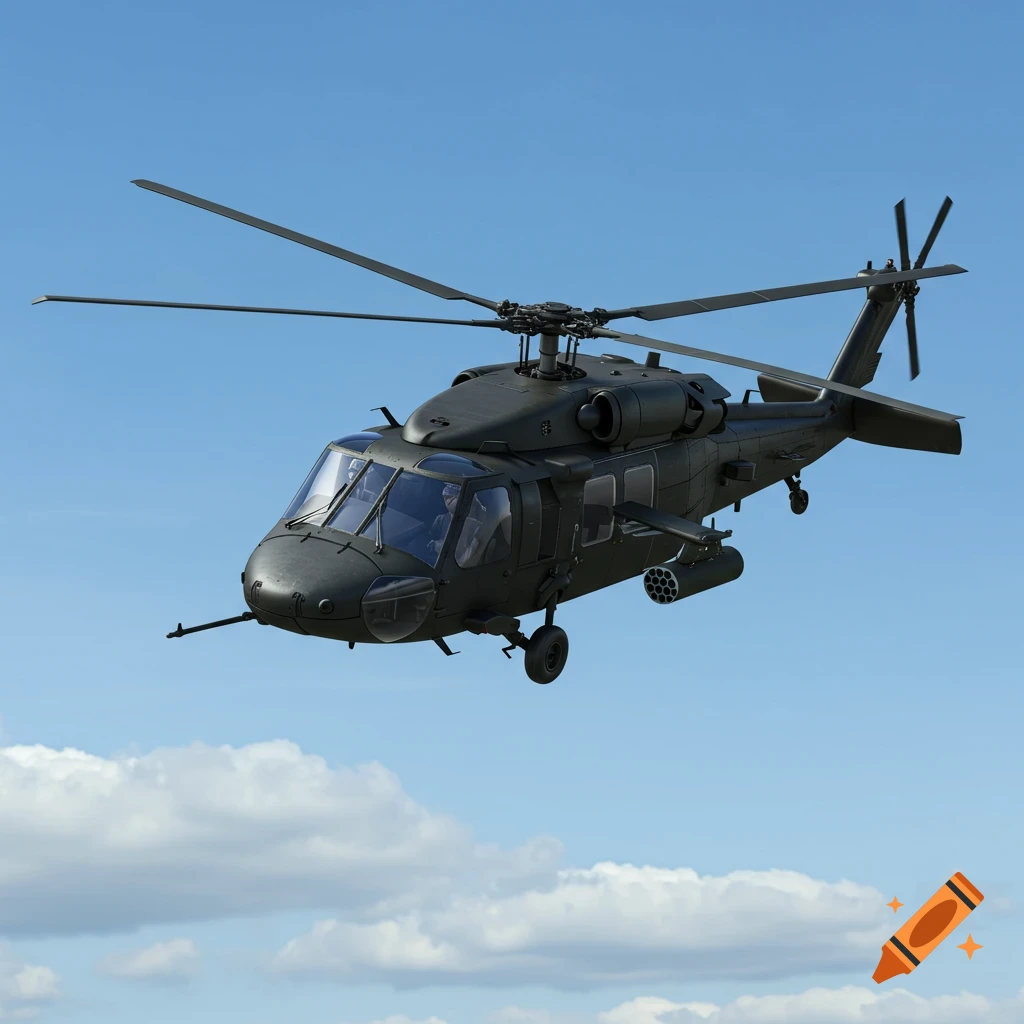 A dark military helicopter flies in a blue sky with clouds.