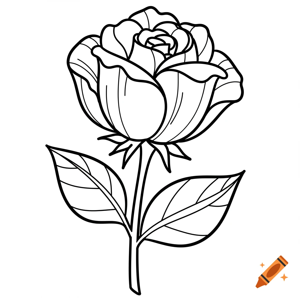 Black and white line art drawing of a single rose with leaves, coloring page style