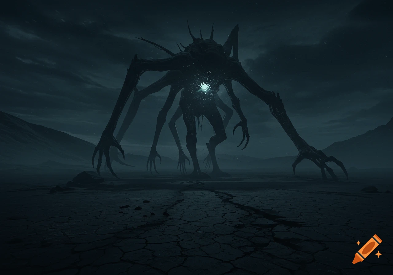A giant shadowy multi-limbed monster stands in a cracked desert landscape under a dark sky.