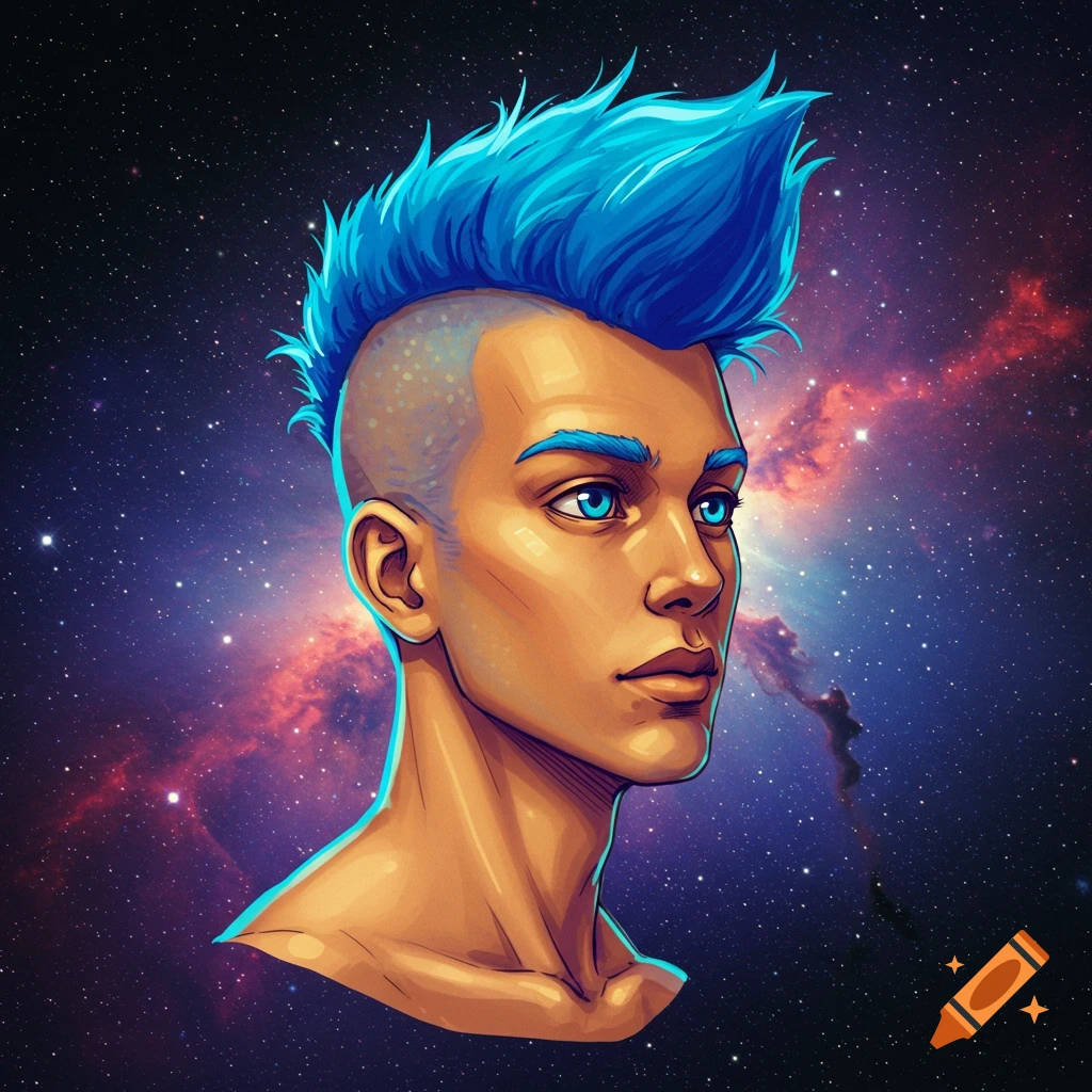 A person with blue spiked hair against a starry space background.