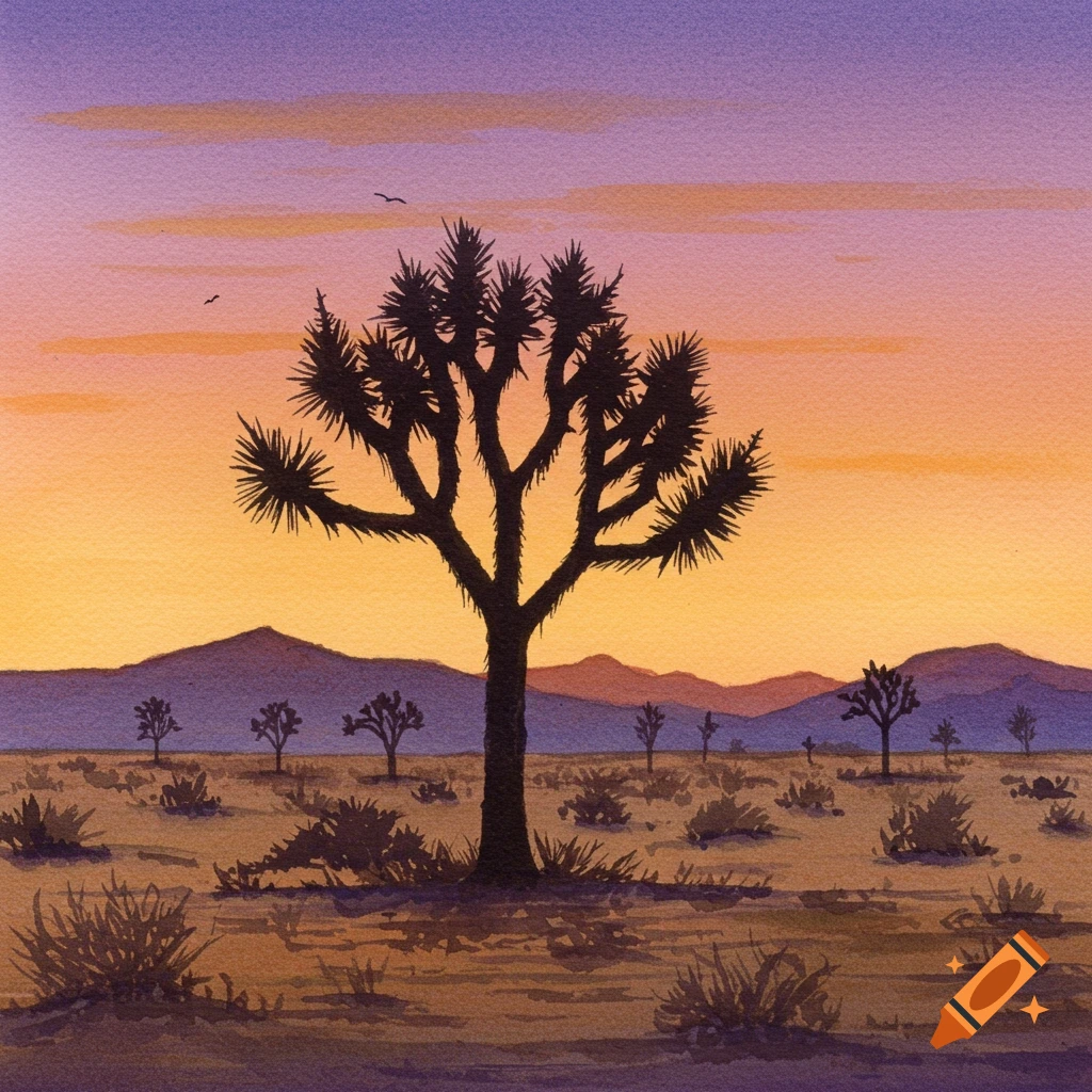 Watercolor painting of a Joshua tree in a desert landscape at sunset.