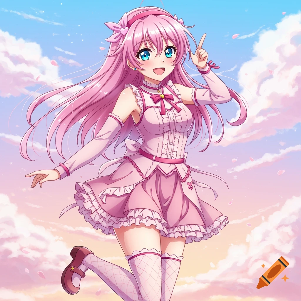 Anime girl with pink hair in pink dress jumping