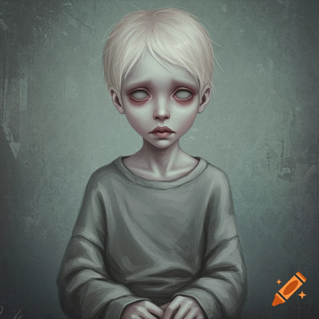 A boy with white eyes and blonde hair in a grey shirt.