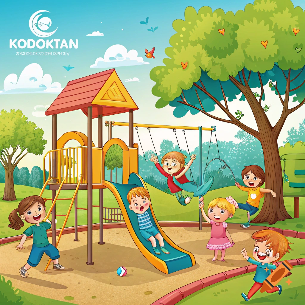 Cartoon children playing on a playground with slides and swings in a park.