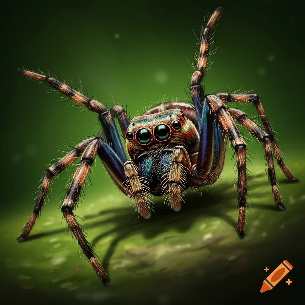 A colorful jumping spider with multiple eyes on a green background.