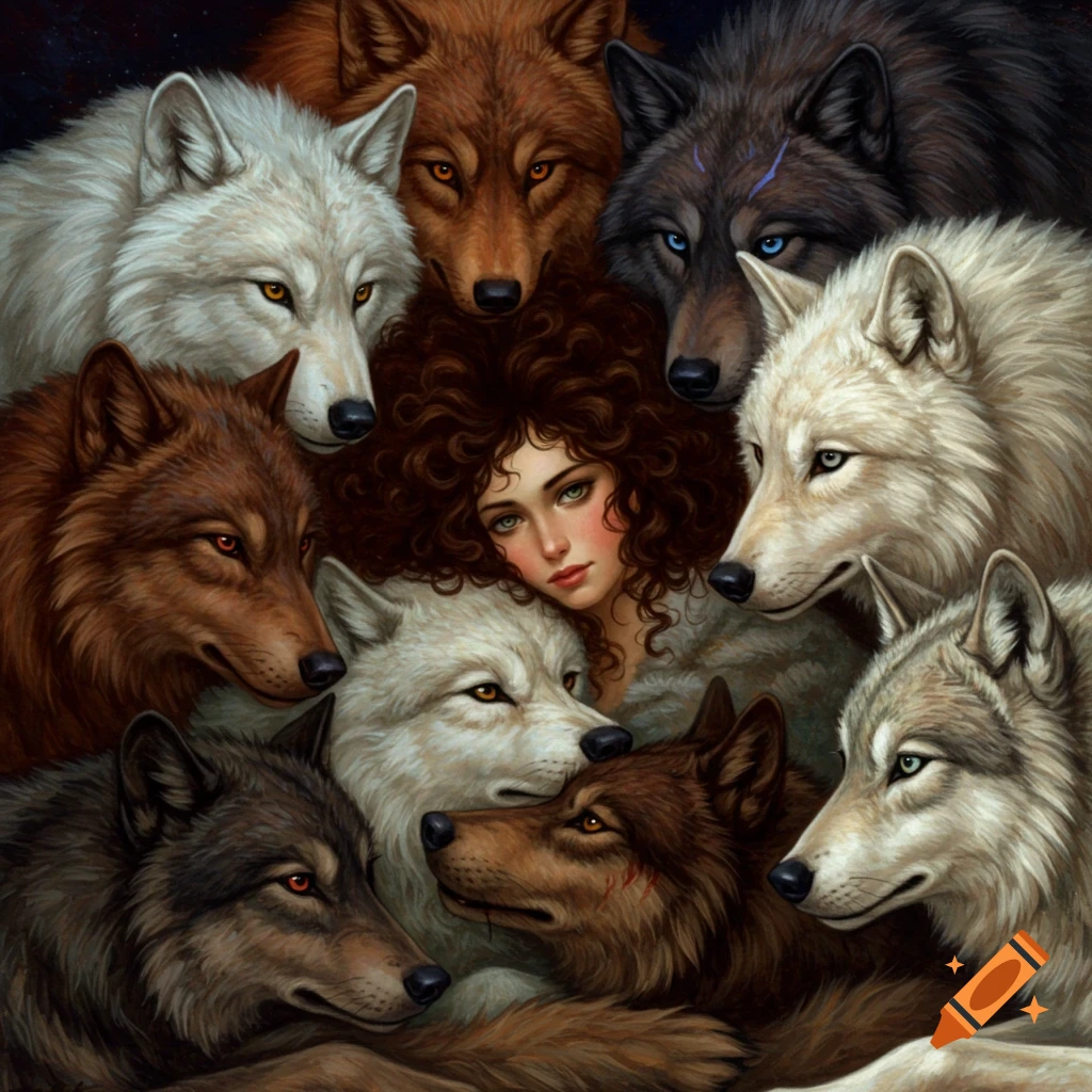 Illustration of a woman with curly hair nestled among many wolves.