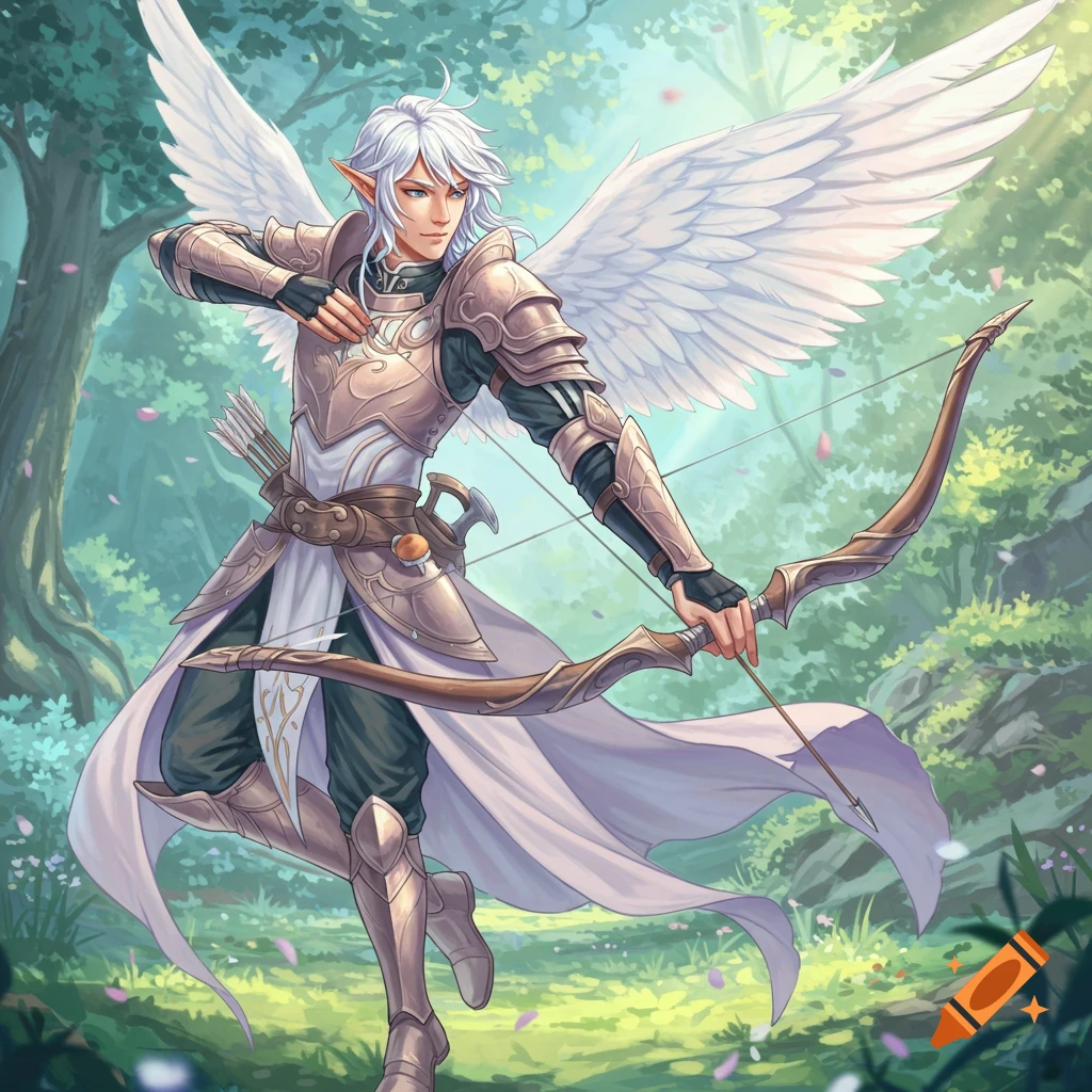 Anime male sylph archer in armor with wings, holding a bow in a forest.