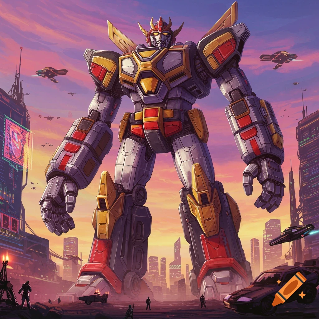 Giant robot in a city at sunset with flying vehicles, digital art.