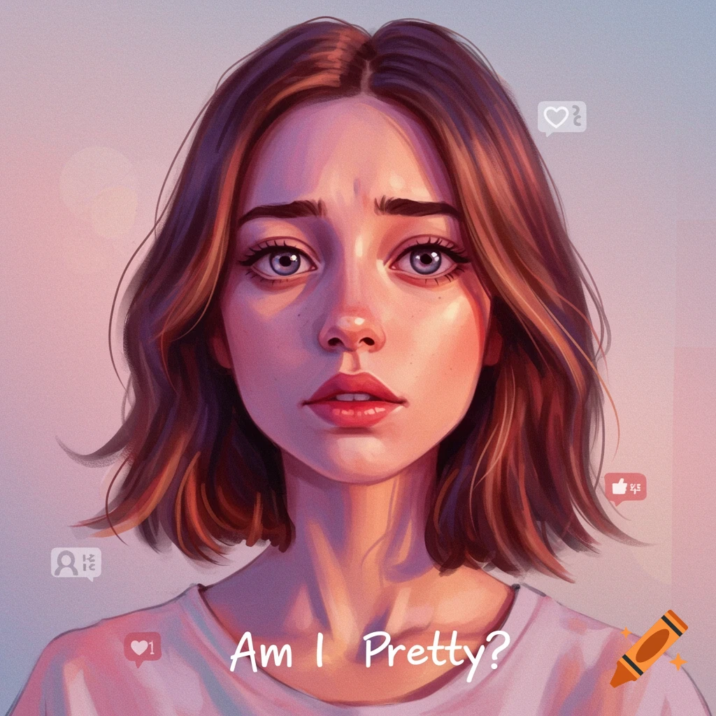 Portrait of a young woman with a questioning expression and social media icons.