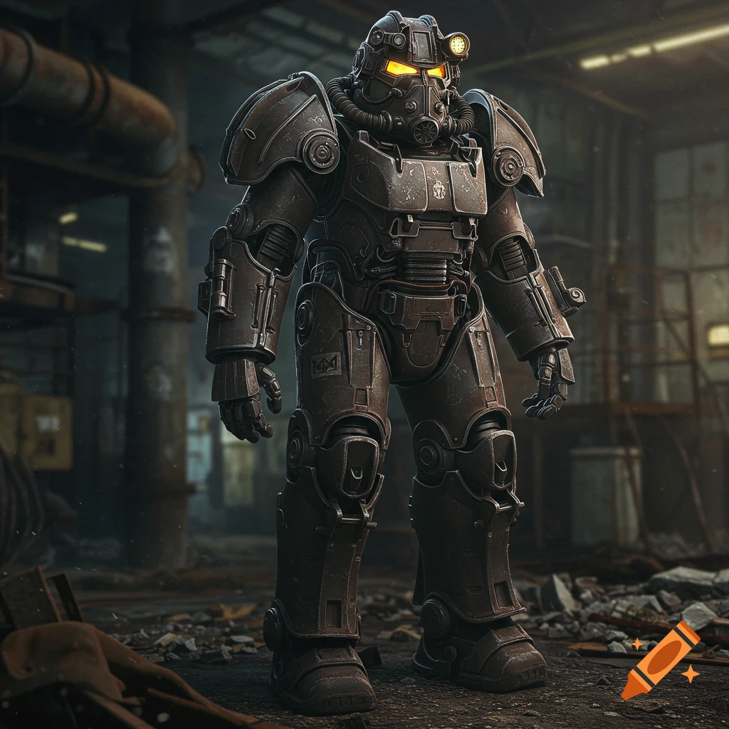 T-60 power armor stands in a detailed, ruined industrial setting.