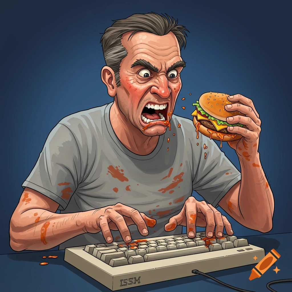 Digital illustration of an angry man messy with sauce, typing on a keyboard while eating a cheeseburger.