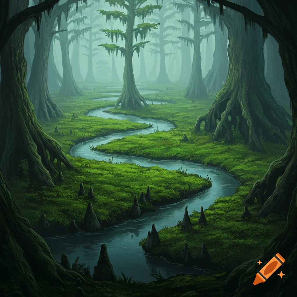 A winding river flows through a misty swamp with large, mossy cypress trees.