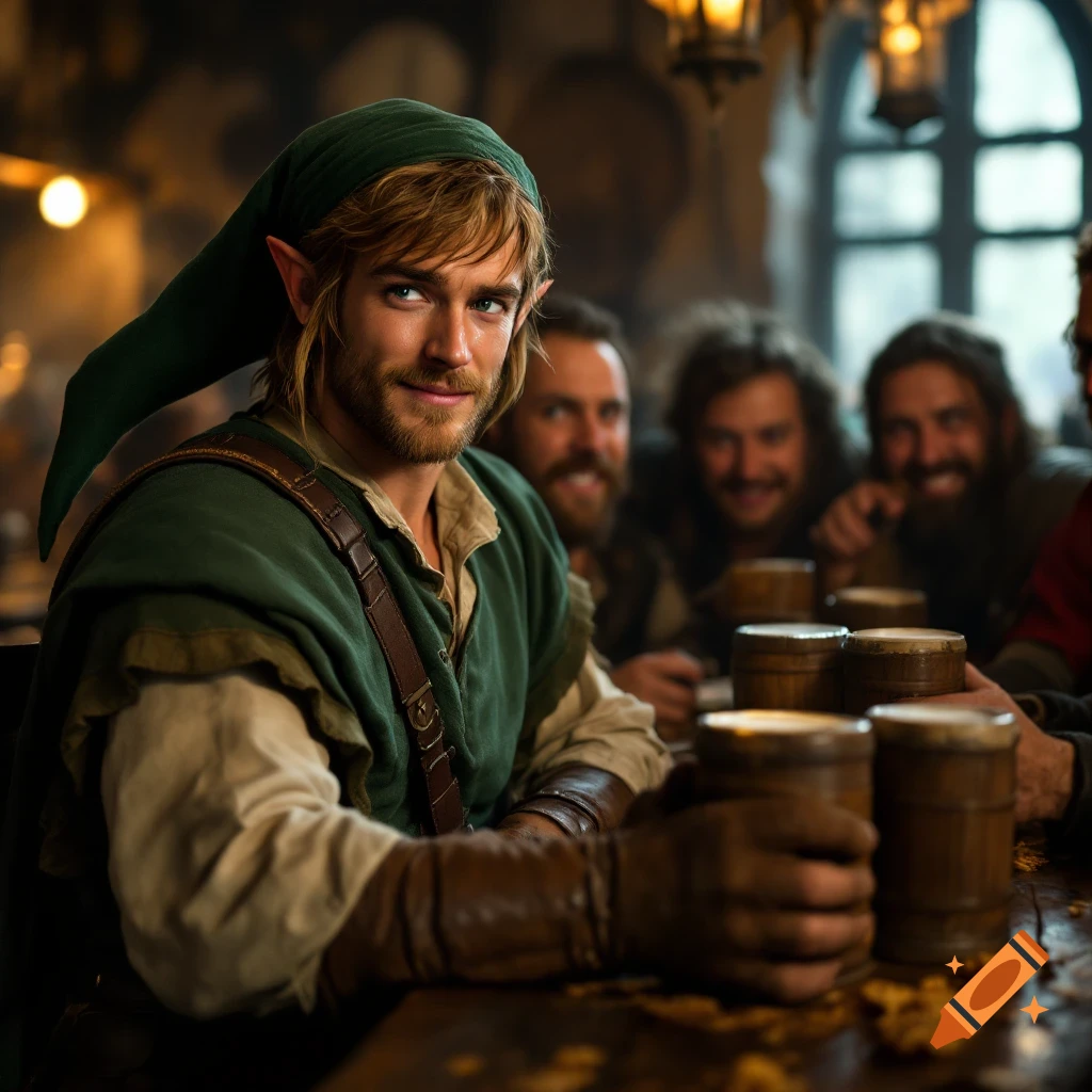 A man dressed as Link sits awkwardly at a tavern table with smiling people holding mugs in a cinematic photo.