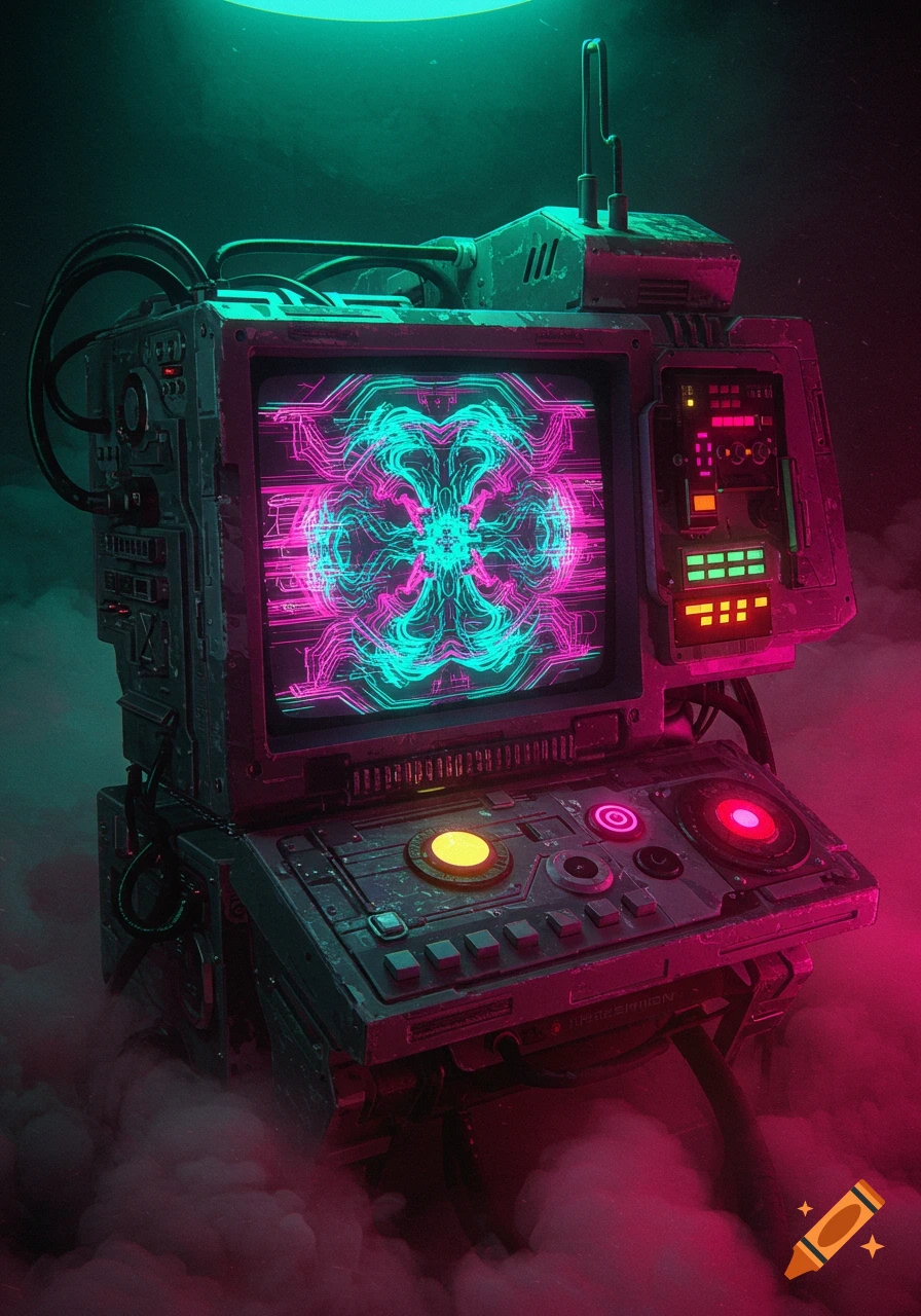 Retro sci-fi machine with a screen showing bright neon pattern, surrounded by smoke.