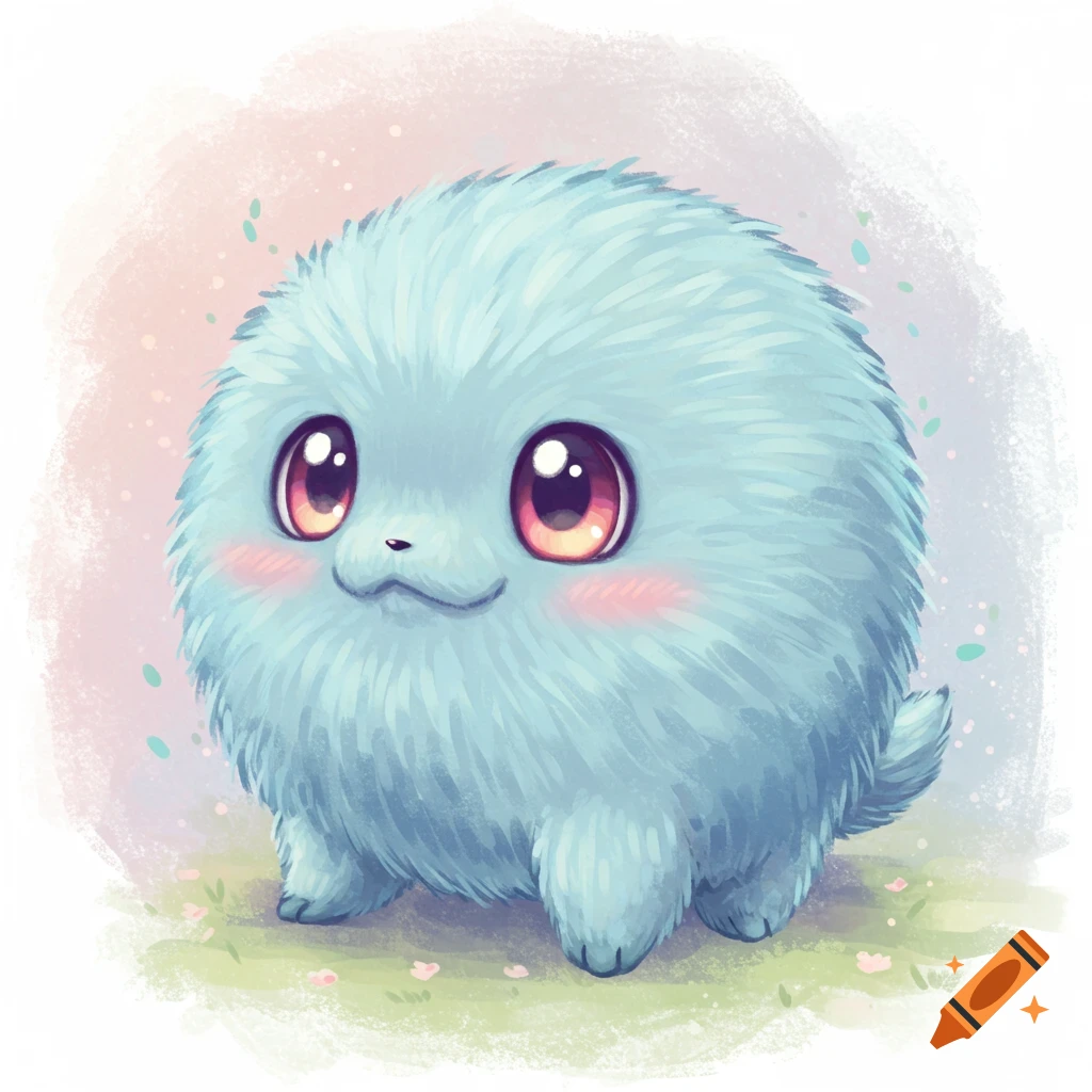 A fluffy blue creature with large eyes and pink cheeks sits in the grass.