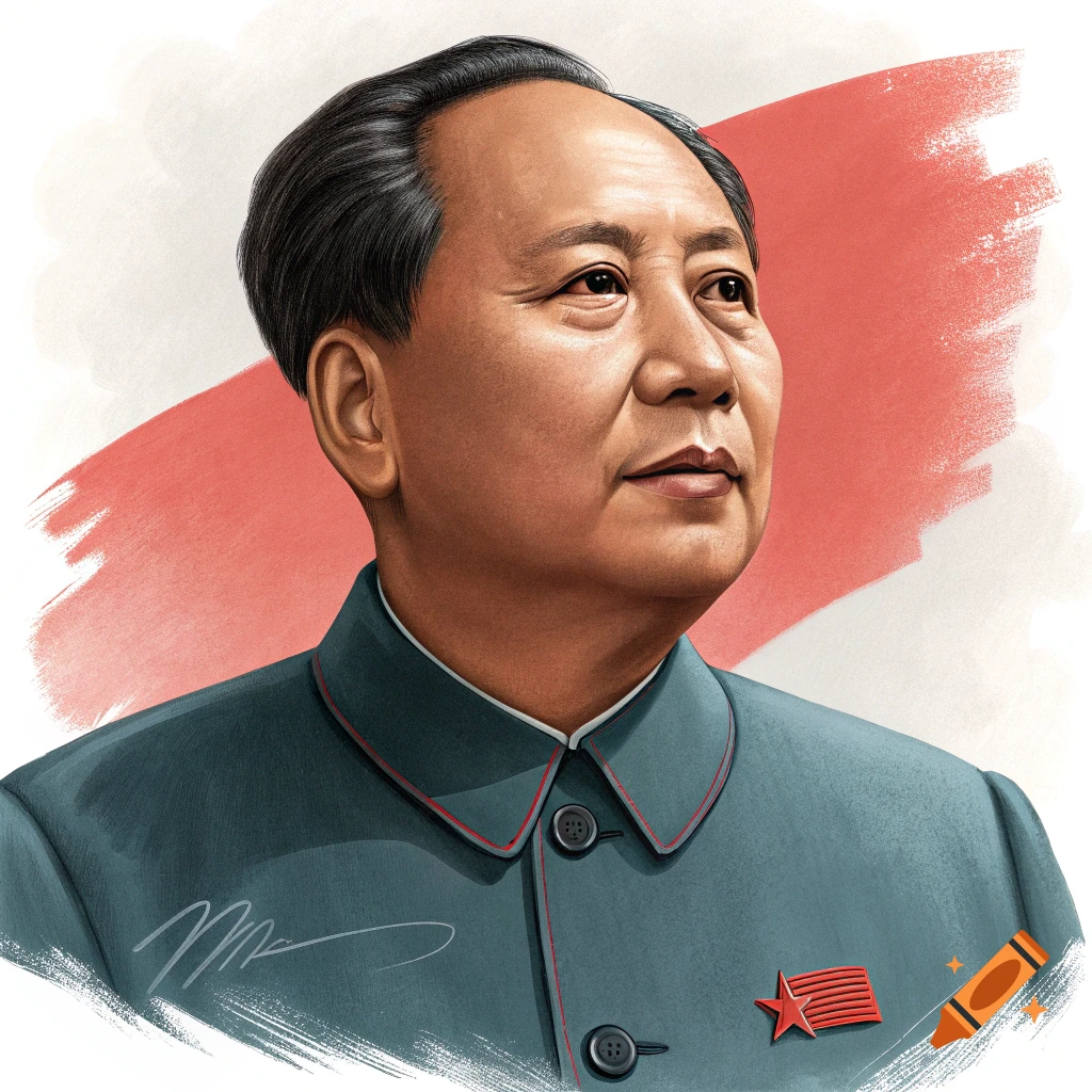 Illustration of Mao Zedong in a dark suit with a red star pin against a red and white brushstroke background.
