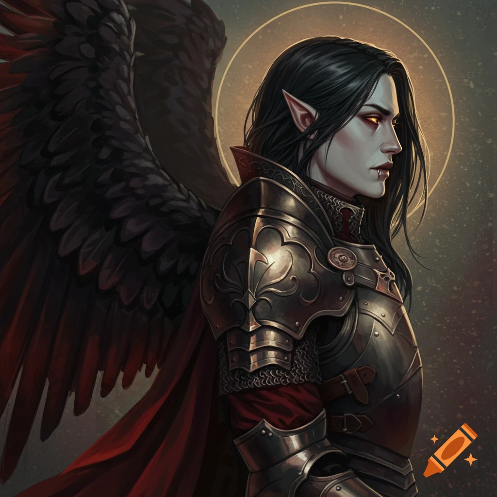 A dark fantasy figure is depicted with wings and armor.