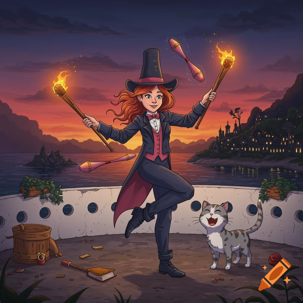 A cartoon magician juggles torches and clubs on a balcony overlooking a city at sunset with a smiling cat nearby.