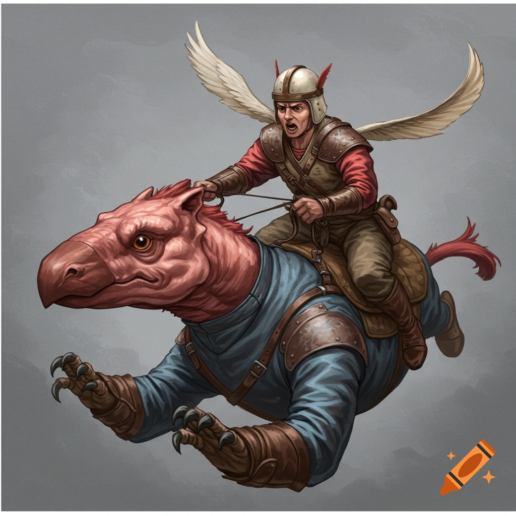 A warrior with a winged helmet rides a flying red reptilian creature.