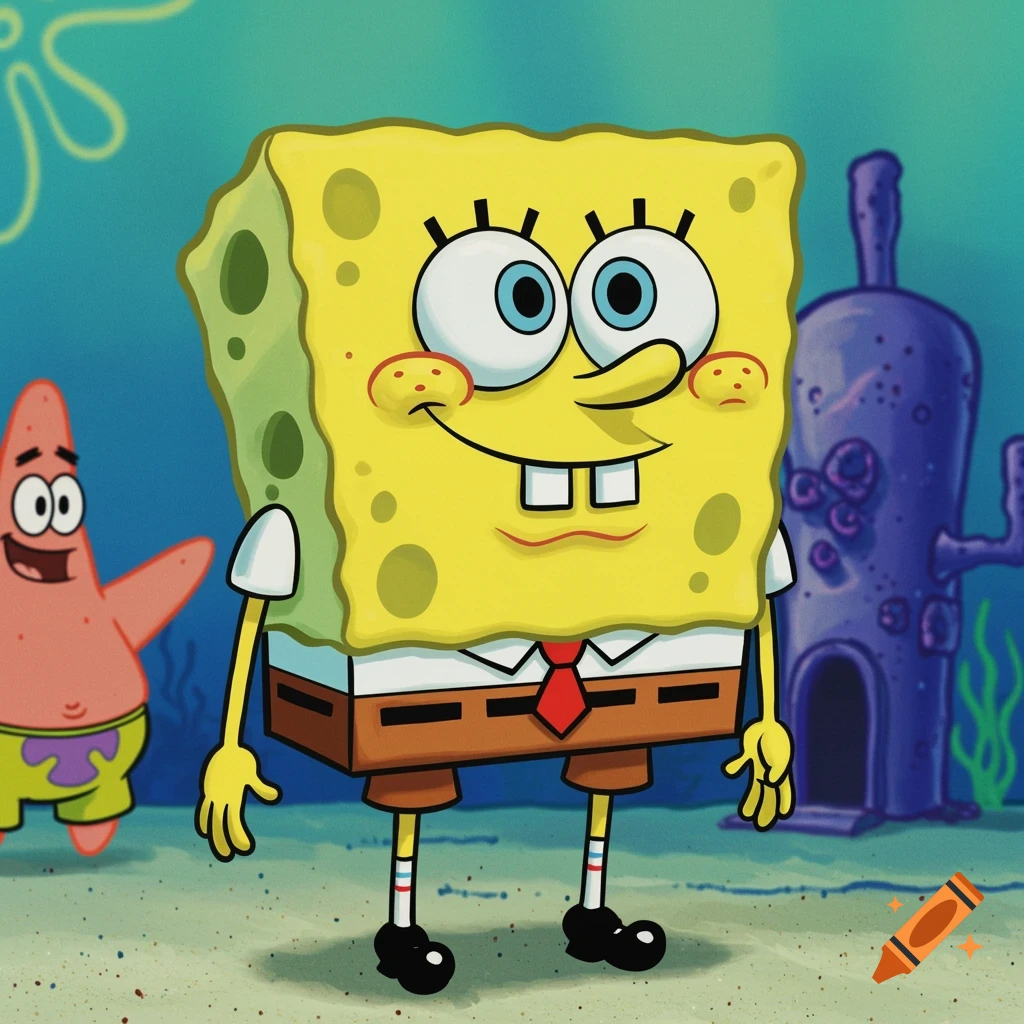 SpongeBob SquarePants and Patrick Star standing underwater in Bikini Bottom.