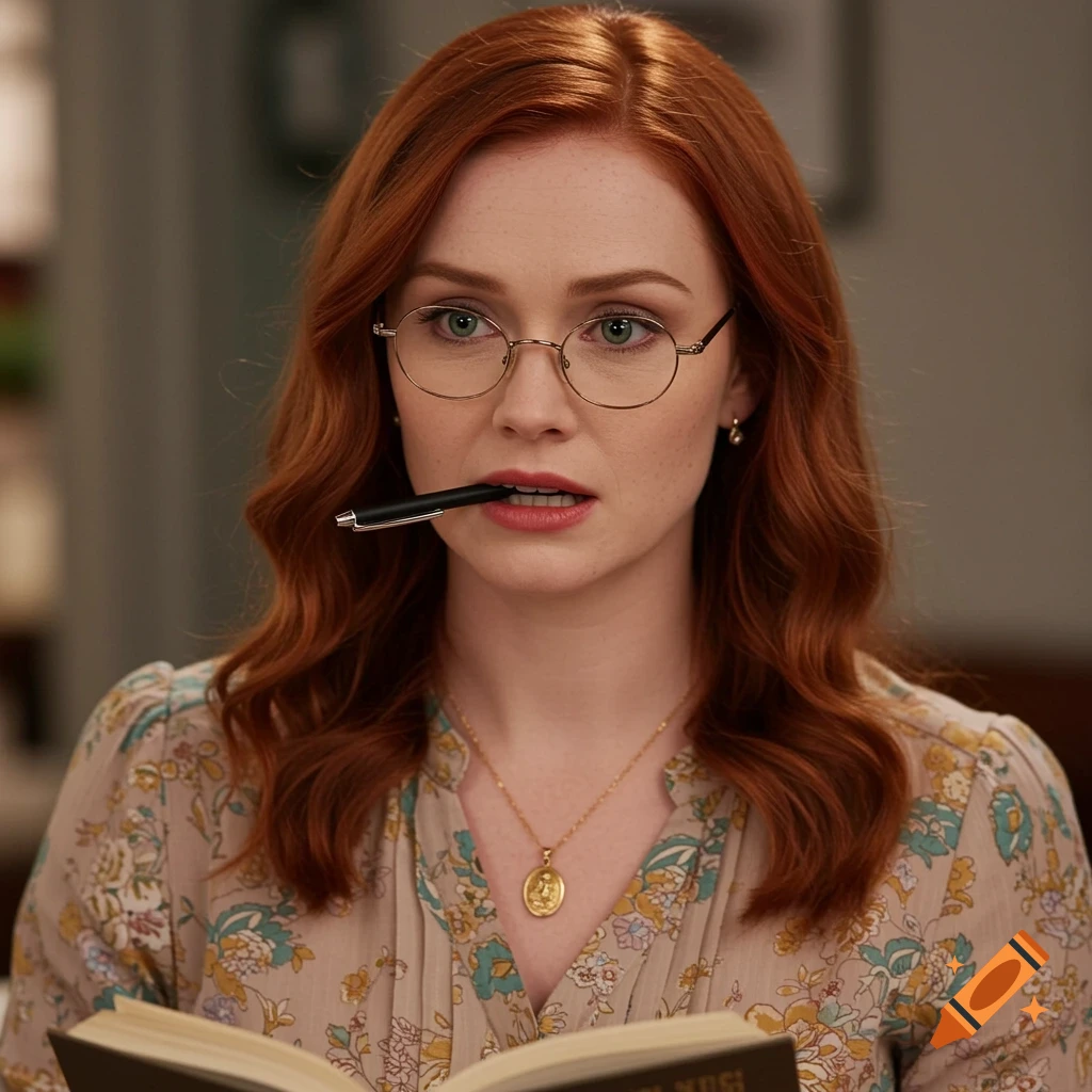 A photorealistic portrait of a woman with red hair and glasses biting a pen while reading a book.