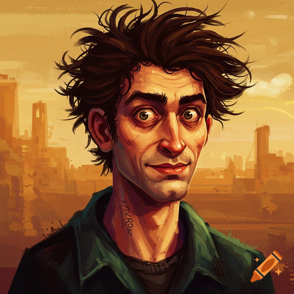A man with messy hair and wide eyes is shown against a stylized cityscape.