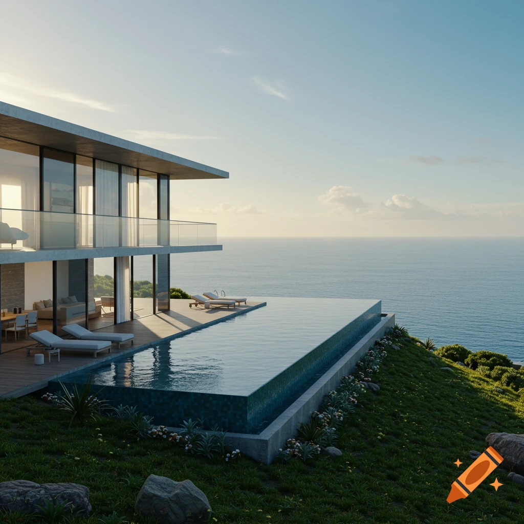 Photorealistic image of a modern glass house with an infinity pool on a hillside overlooking the ocean.
