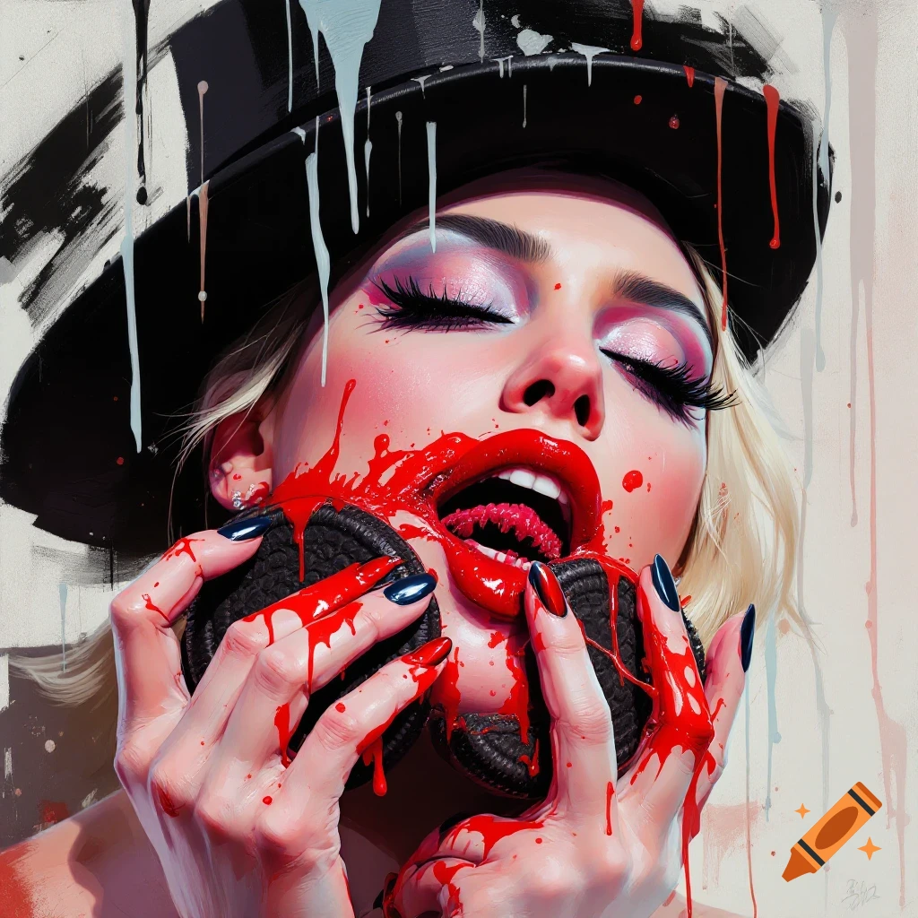 A person covered in dripping red liquid, holding cookies, wearing a hat.