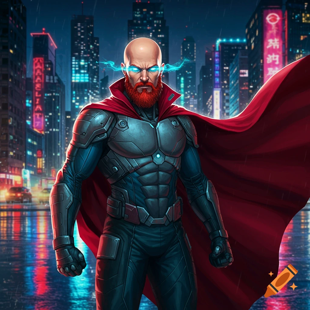 A bald superhero with a red beard and glowing eyes stands in a city at night