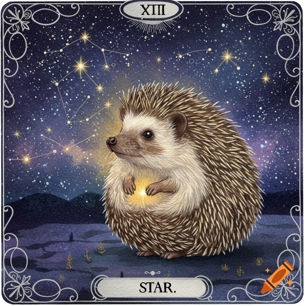 Illustration of a hedgehog on a tarot card with stars and a night sky background. The card says 'STAR.' and 'XIII'.