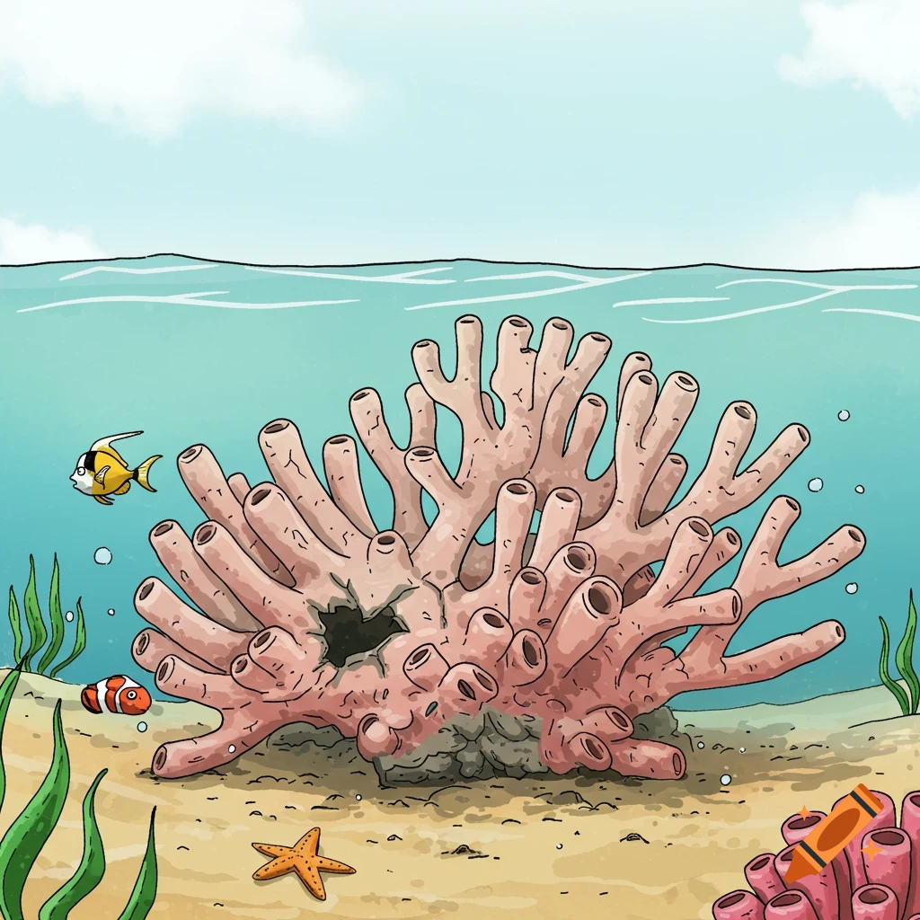 Cartoon underwater scene with pale coral, fish, and seaweed.