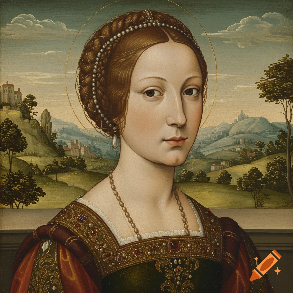Renaissance painting of a woman with braided hair and pearls, wearing a richly decorated dress, against a landscape background.