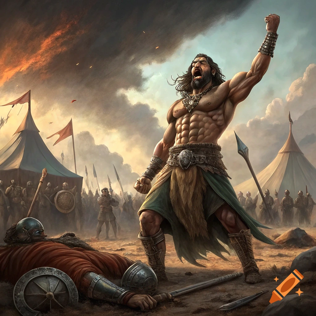 Muscular warrior raises a fist in triumph over a fallen opponent in a dramatic battle scene.