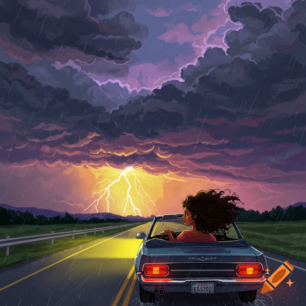 A woman drives a convertible away from a lightning storm on a rainy highway.