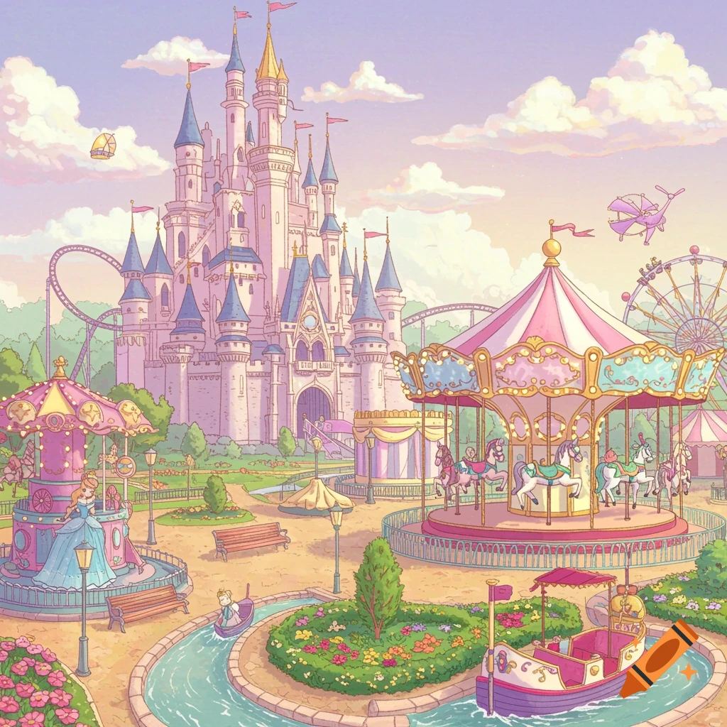 A pastel cartoon illustration of a fairytale amusement park with a castle, carousel, and rides.