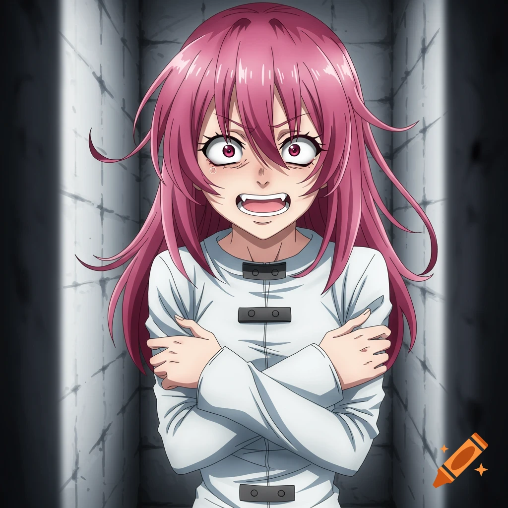 Distressed anime woman in a straitjacket in a padded cell.