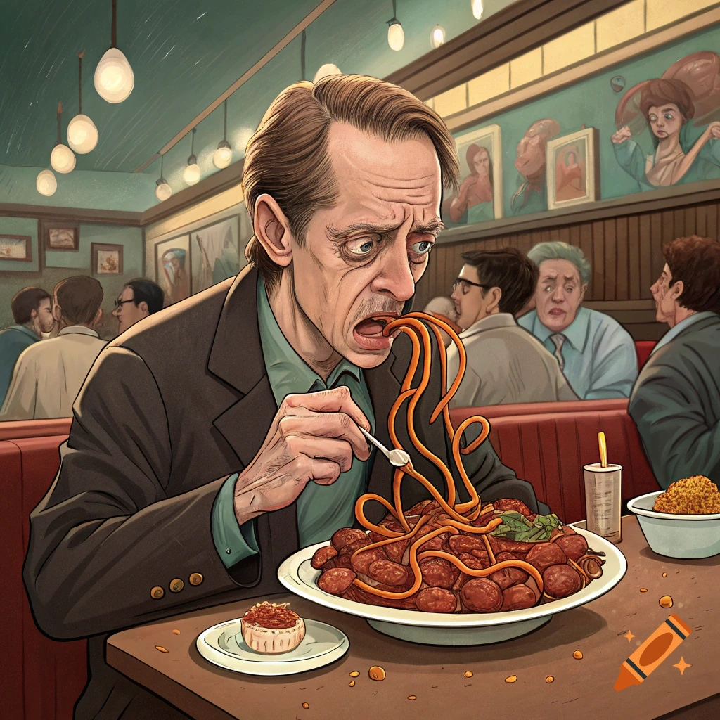 A man resembling Steve Buscemi intensely eats a large plate of spaghetti and meat in a restaurant while other diners look horrified.