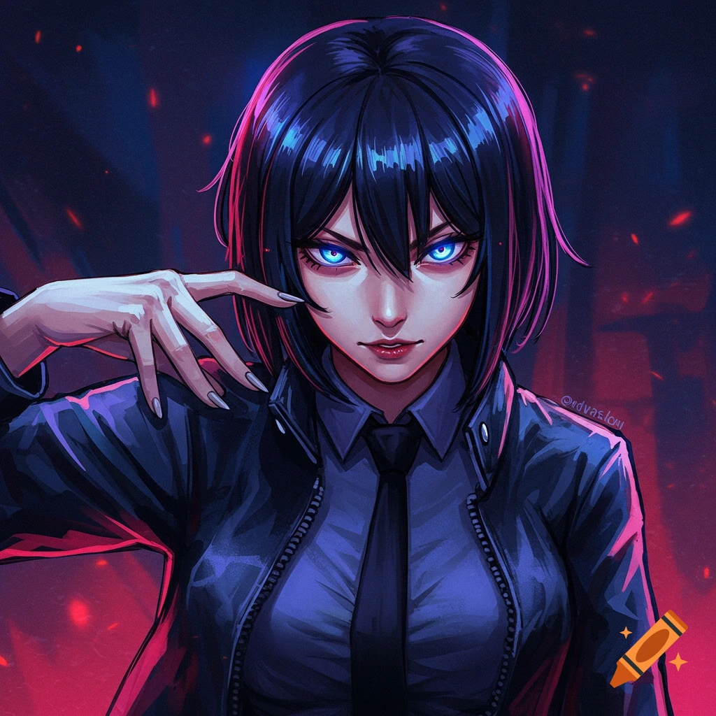 A portrait of a woman with short black hair, blue eyes, wearing a shirt, tie, and jacket in an anime style.