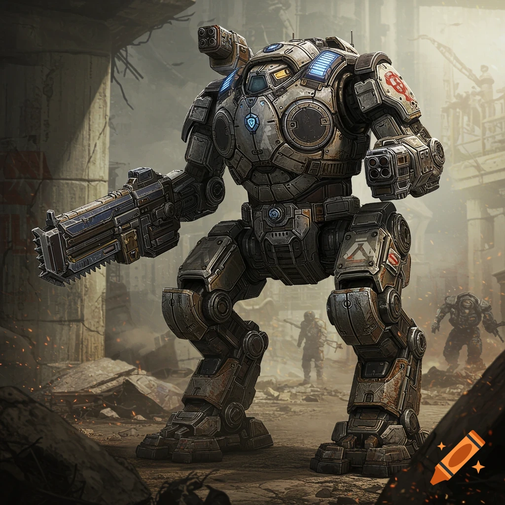 A large, heavily armed mech stands in a ruined cityscape.