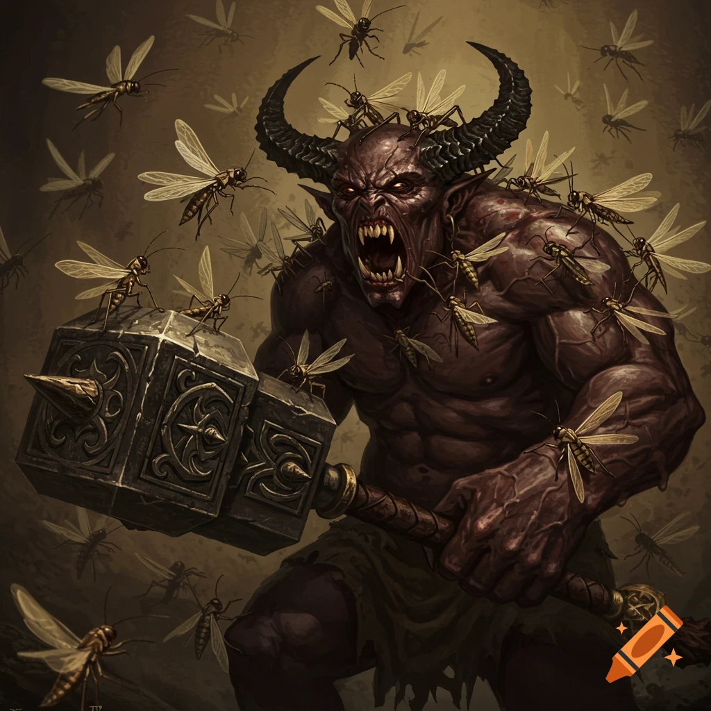 A red-skinned demon with horns and fangs, holding a large hammer, being swarmed by flying insects.