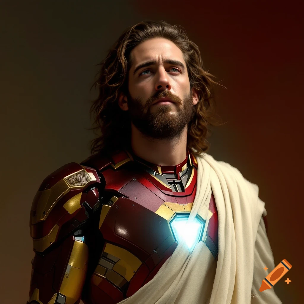 A man with long hair and beard wearing Iron Man armor and a white robe, looking up.