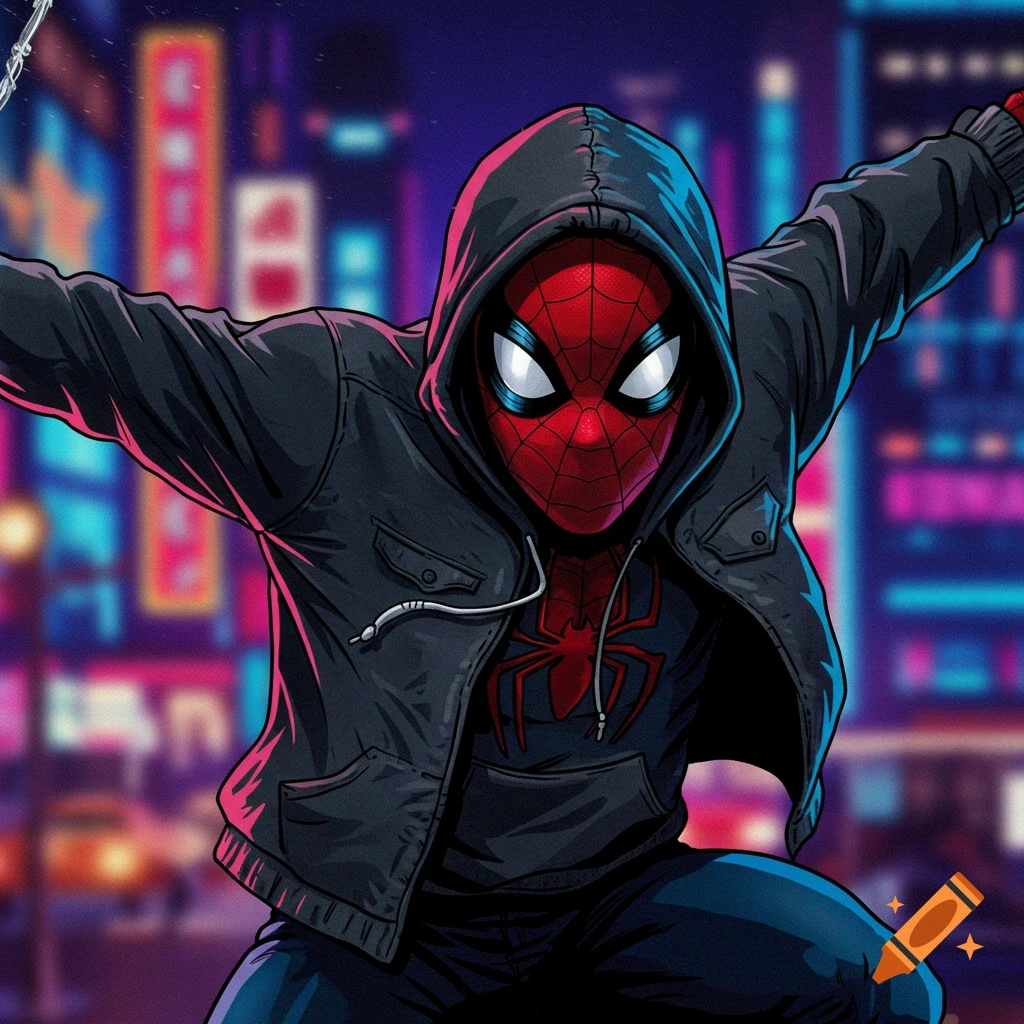 A stylized illustration of Spider-Man wearing a hoodie and swinging through a city at night.