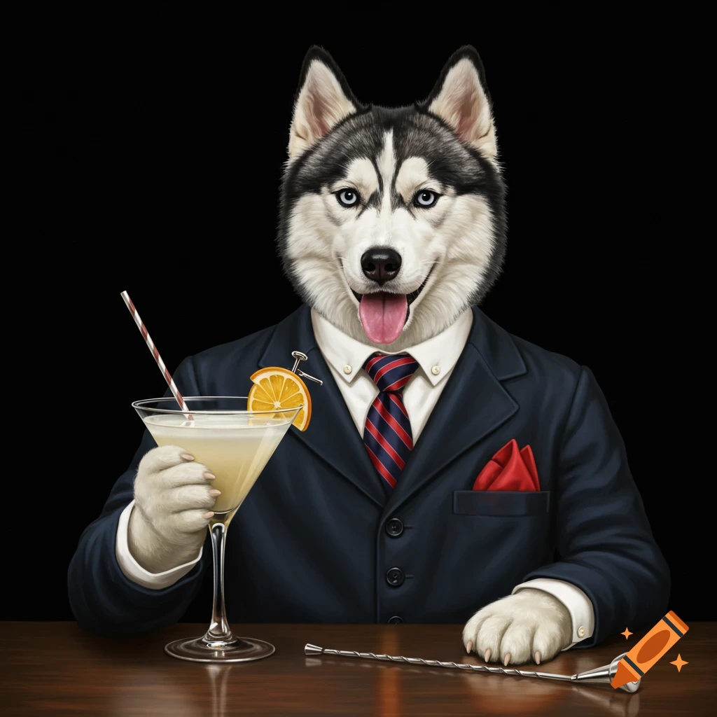 A husky dog wearing a suit and tie holds a martini glass with a straw and orange slice at a bar.