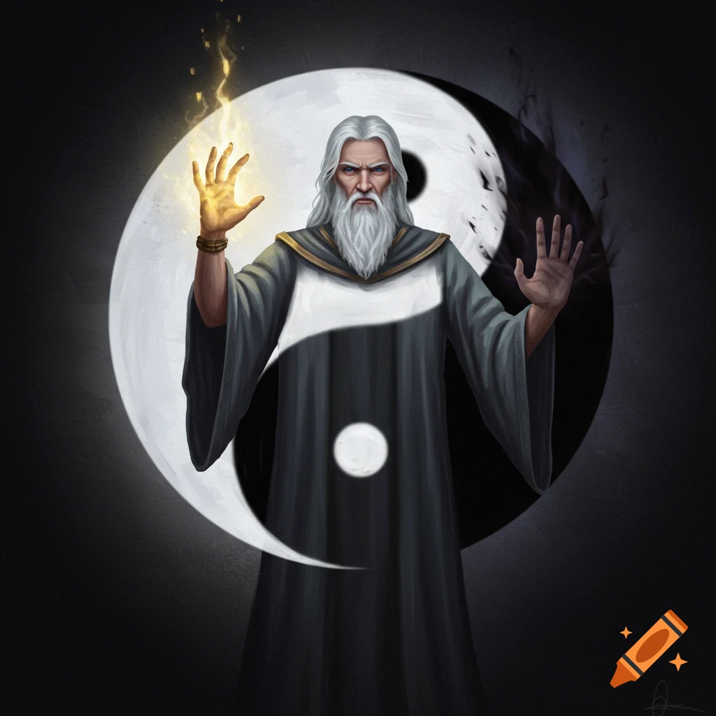 A wizard with a long beard stands in front of a Yin Yang symbol, holding a glowing hand and a dark hand.