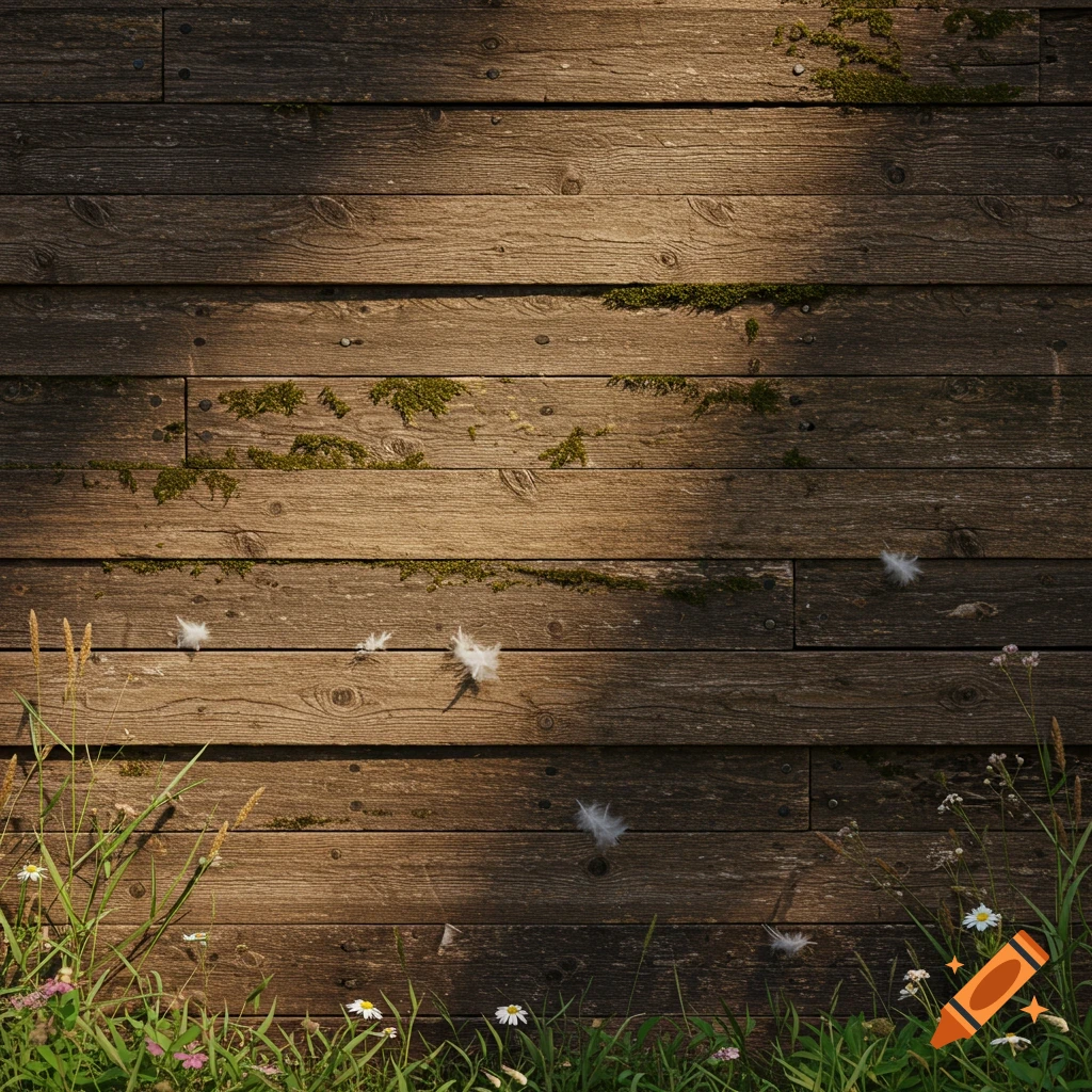 A weathered wooden wall covered in moss and feathers, with grass and wildflowers at the base, lit by sunlight.