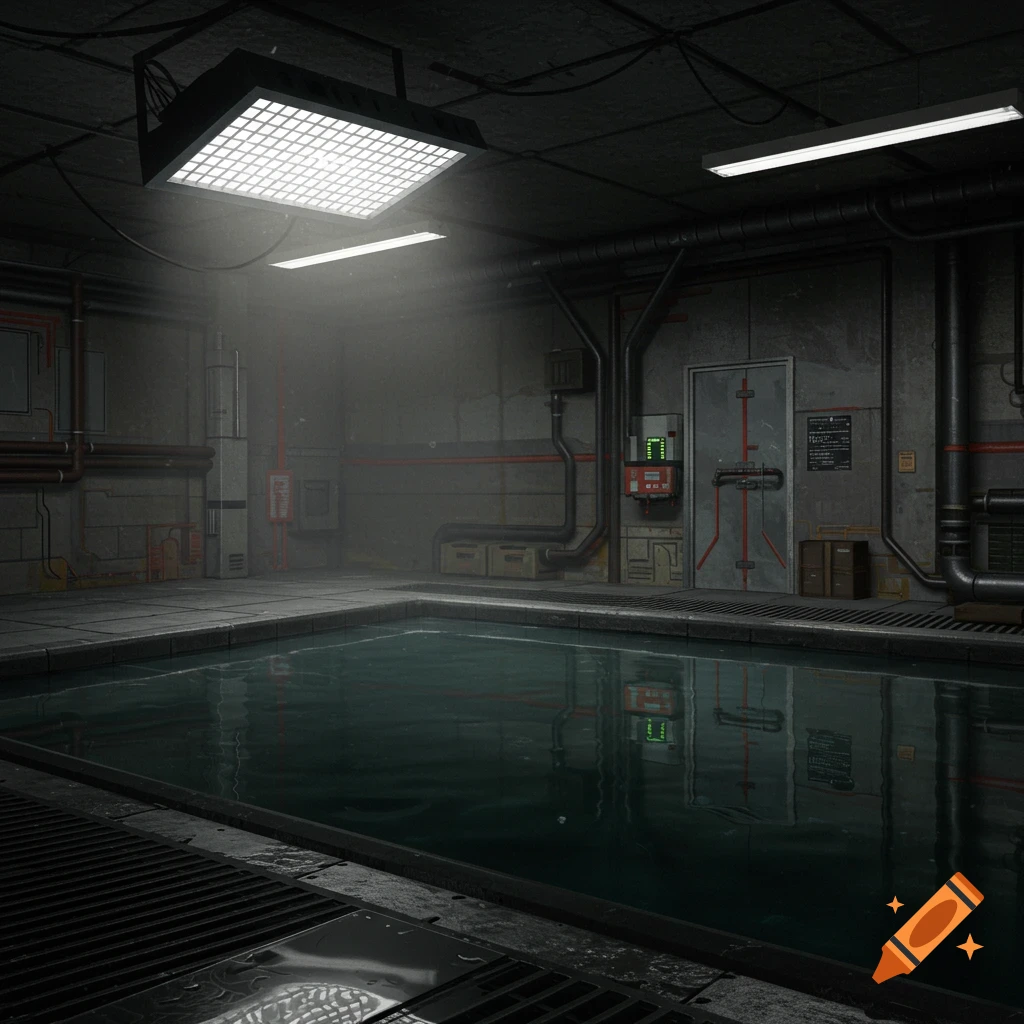 Industrial room with a pool of water and bright ceiling lights